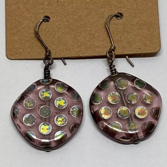 Pink Iridescent Halographic Polka Dot Flat Round Hand Blown Art Glass Earrings - Picture 4 of 15